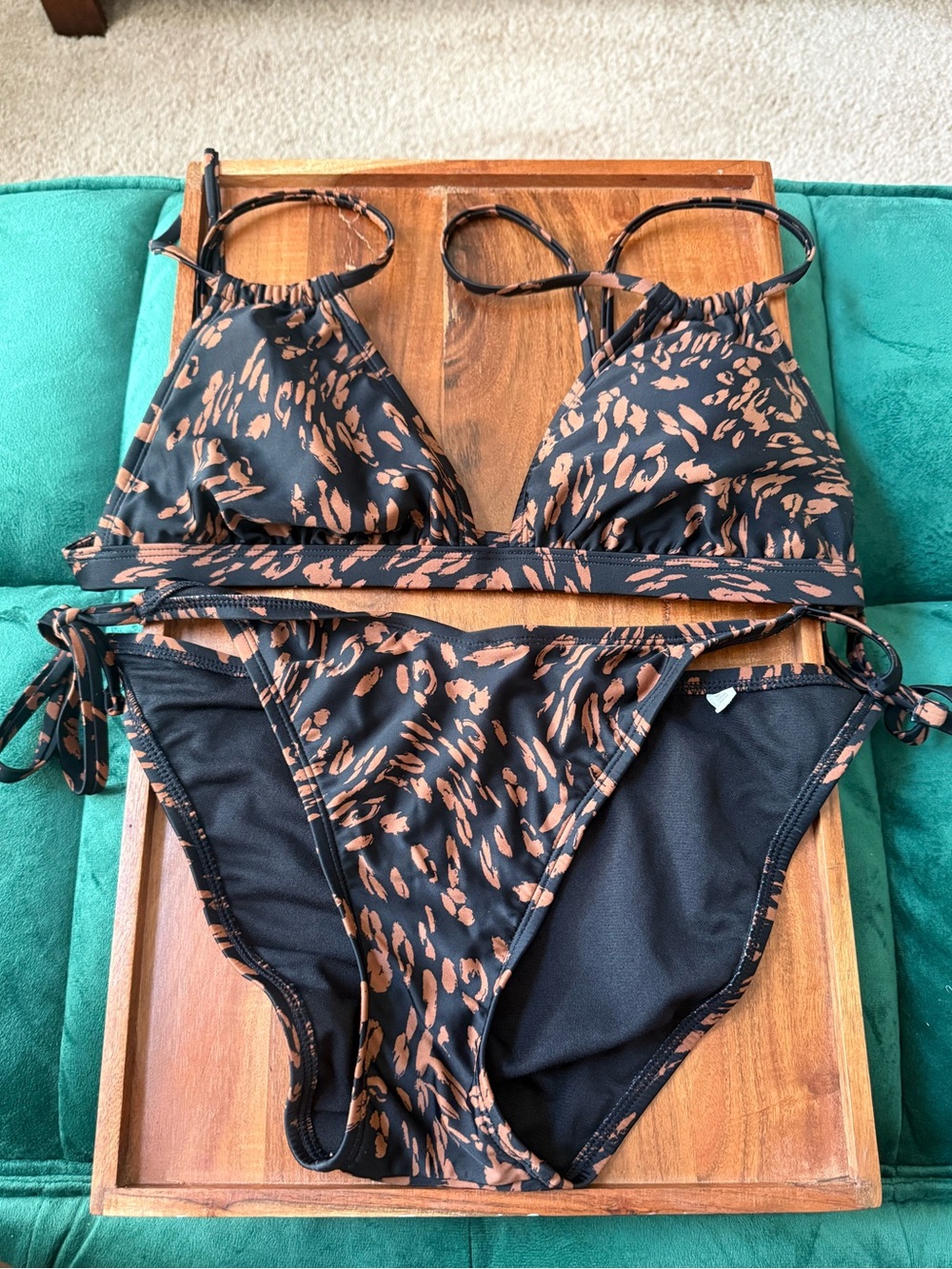 Shade & Shore Black and Brown Leopard Print Triangle Bikini